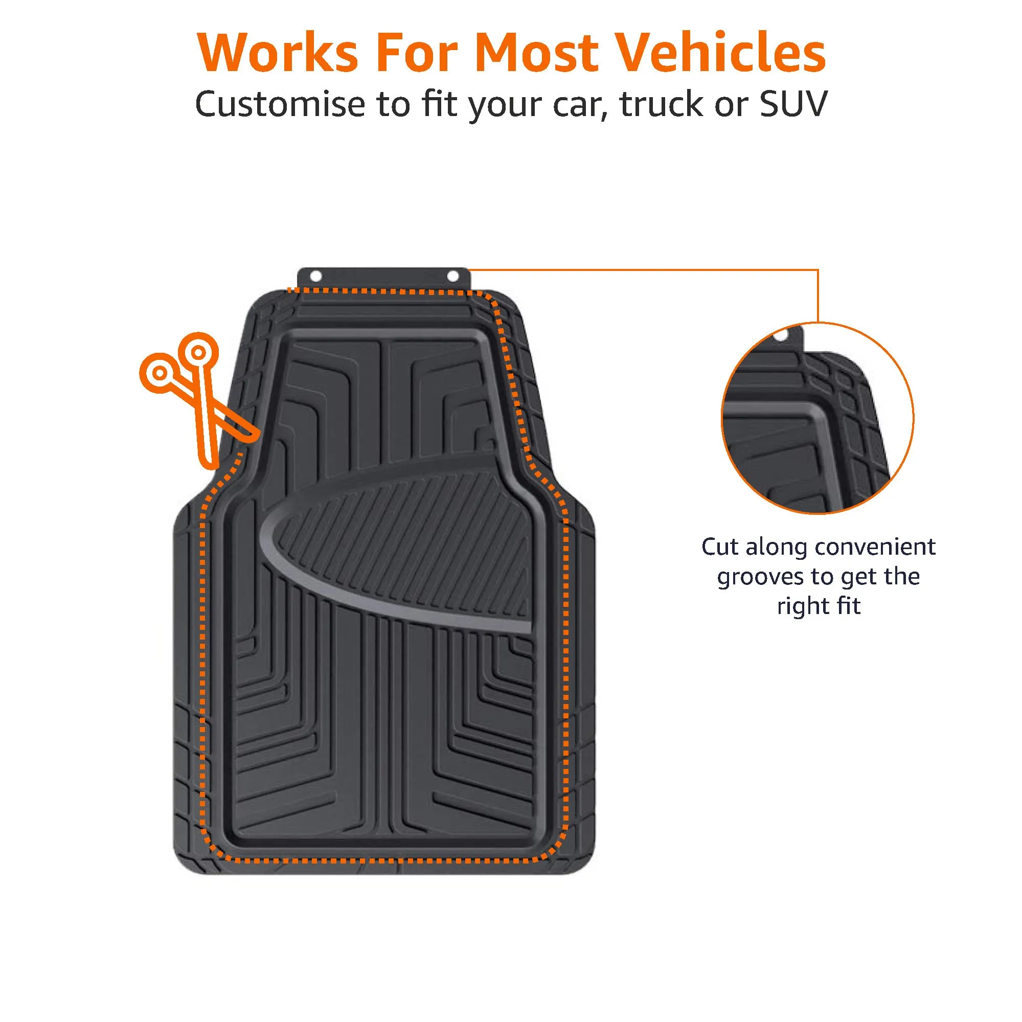 Amazon Basics 3-Piece Premium Rubber Floor Mat for Cars, SUVs and Trucks, All Weather Protection, Universal Trim to Fit，Black