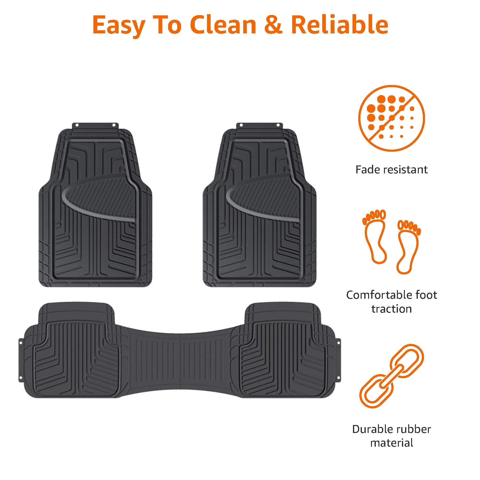 Amazon Basics 3-Piece Premium Rubber Floor Mat for Cars, SUVs and Trucks, All Weather Protection, Universal Trim to Fit，Black